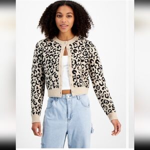 Madden Girl Leopard Print Cardigan Sweater - Cream and Black Ultra Soft XL